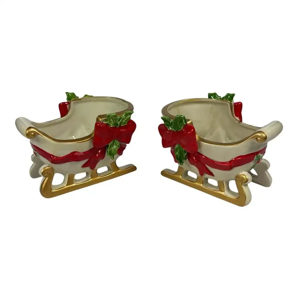 2 Vintage Fitz and Floyd Christmas Sleigh Candy Dish Planter Japan Bows Holly